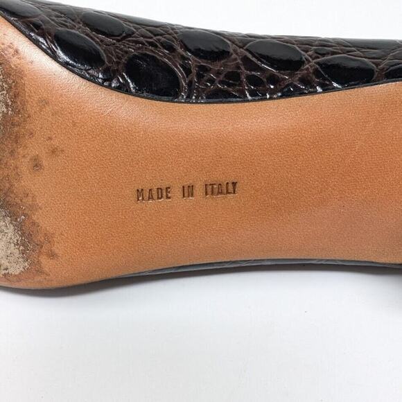 Salvatore Ferragamo Heels Brown Croc Embossed Leather 7.5 AAAA Low Block Heel - Picture 9 of 12